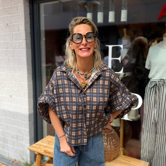 Blouse Ruit Pofmouw - Blauw/Bruin