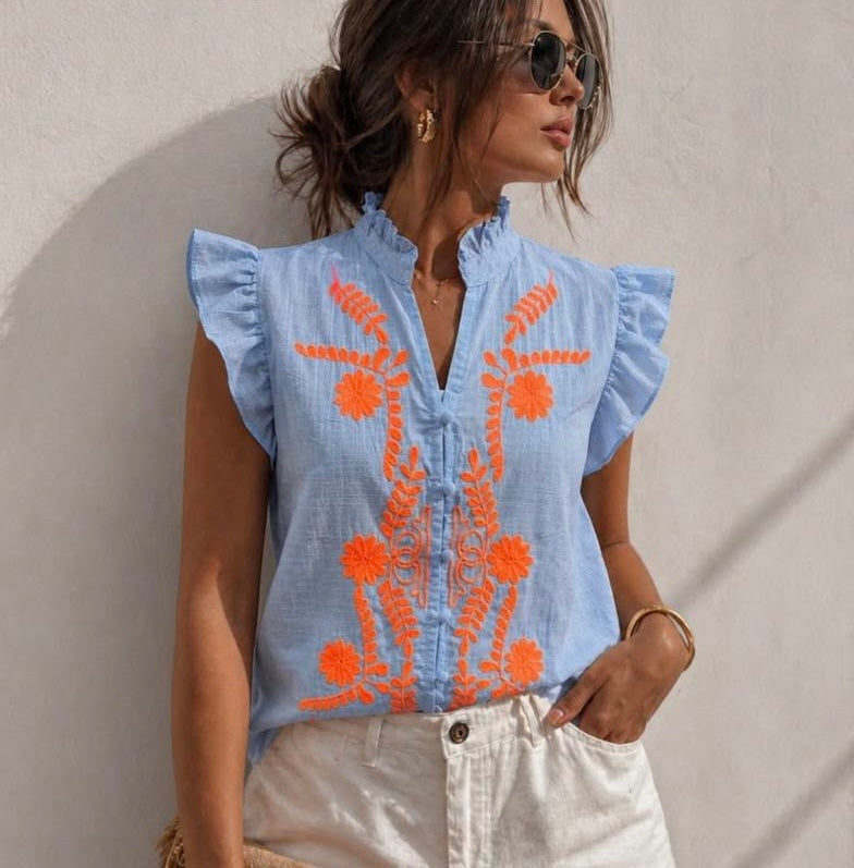Blouse Borduursel - Blauw/Oranje