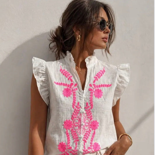 Blouse Borduursel - Wit/Fuchsia