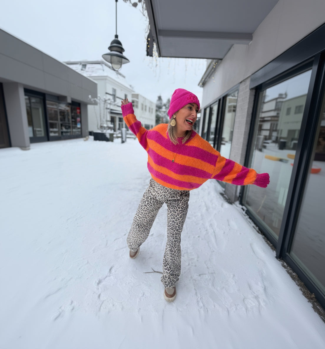 Gebreide Streep Trui - Fuchsia/Oranje