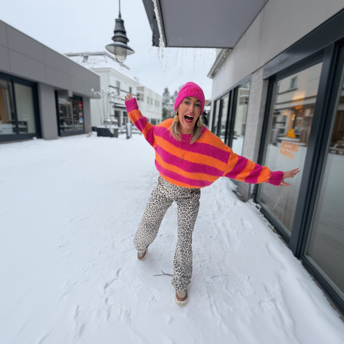 Gebreide Streep Trui - Fuchsia/Oranje