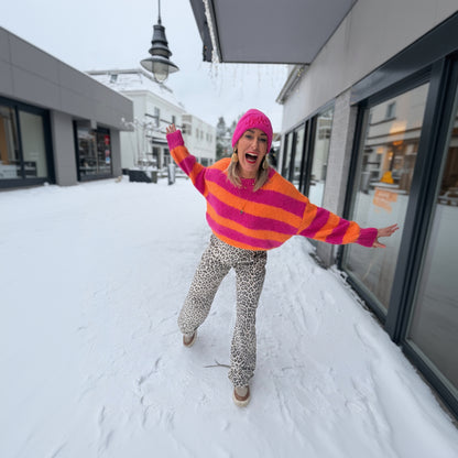 Gebreide Streep Trui - Fuchsia/Oranje