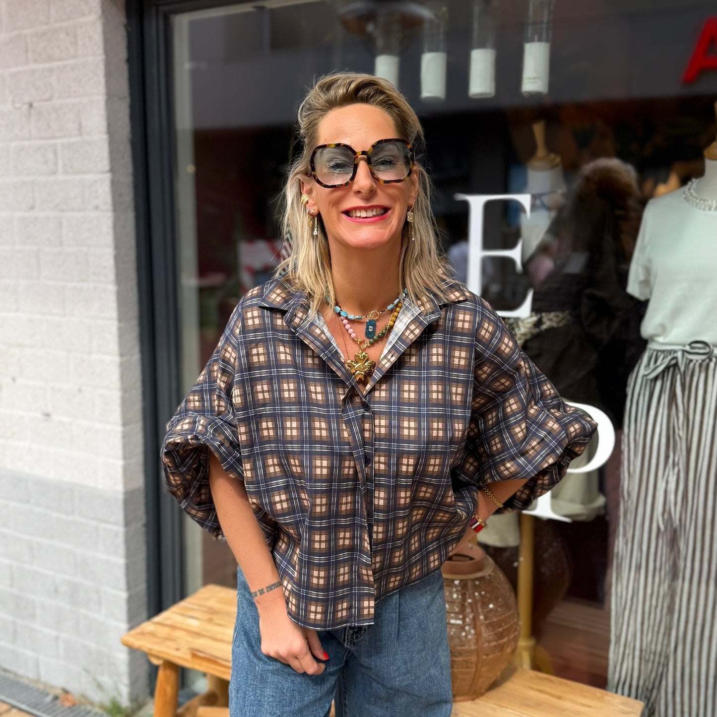 Blouse Ruit Pofmouw - Blauw/Bruin