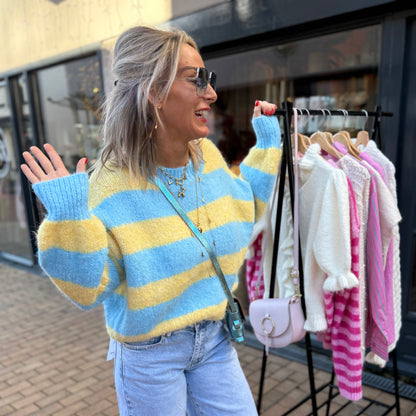 Gebreide Streep Trui - Blauw/Geel