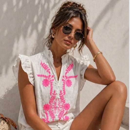 Blouse Borduursel - Wit/Fuchsia