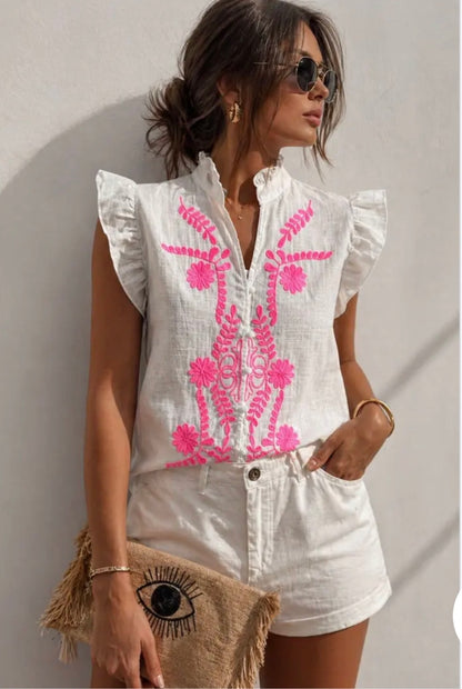 Blouse Borduursel - Wit/Fuchsia