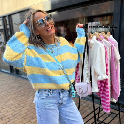 Gebreide Streep Trui - Blauw/Geel
