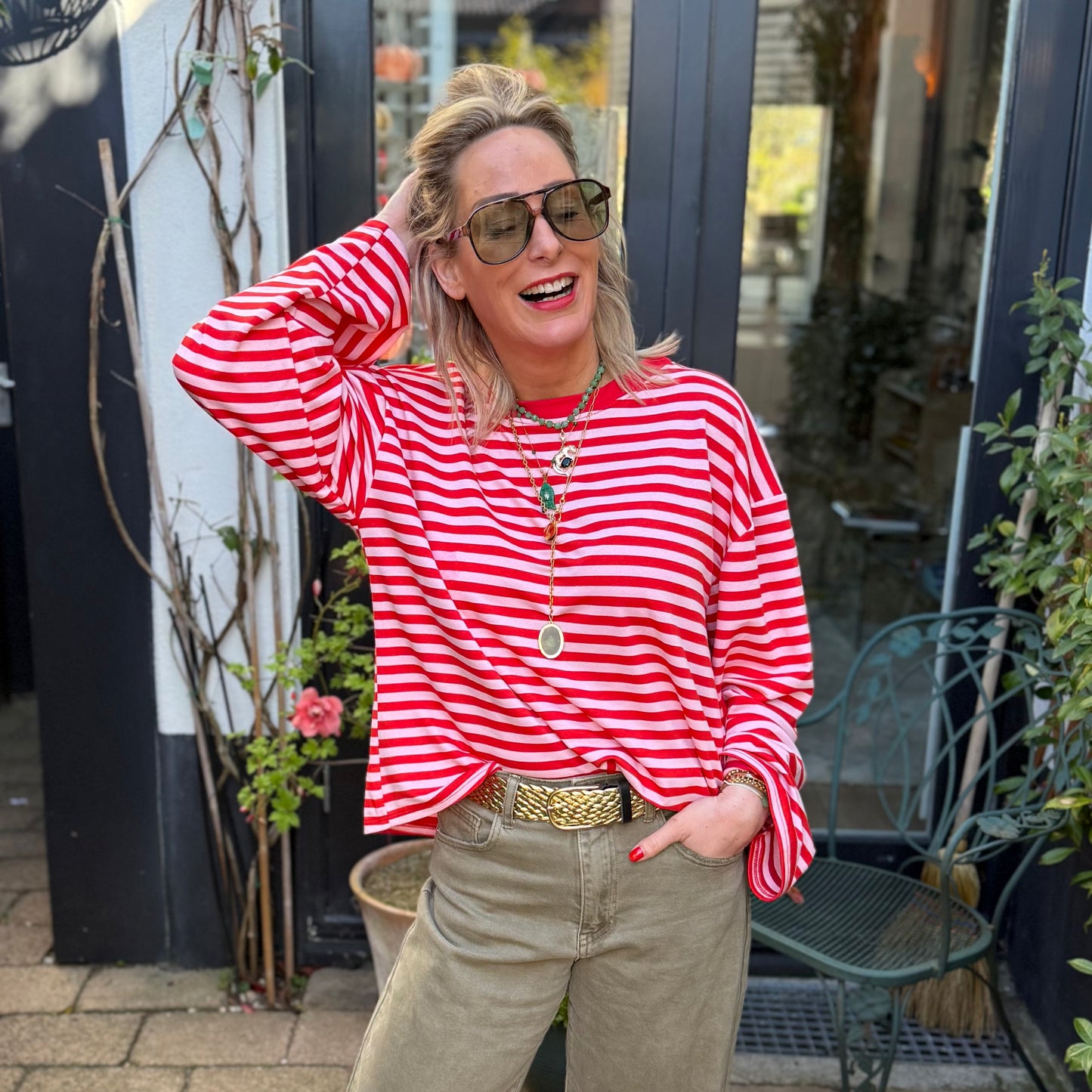 Longsleeve Streep - Rood/Roze
