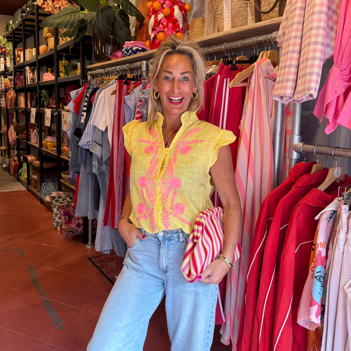 Blouse Borduursel - Geel/Roze