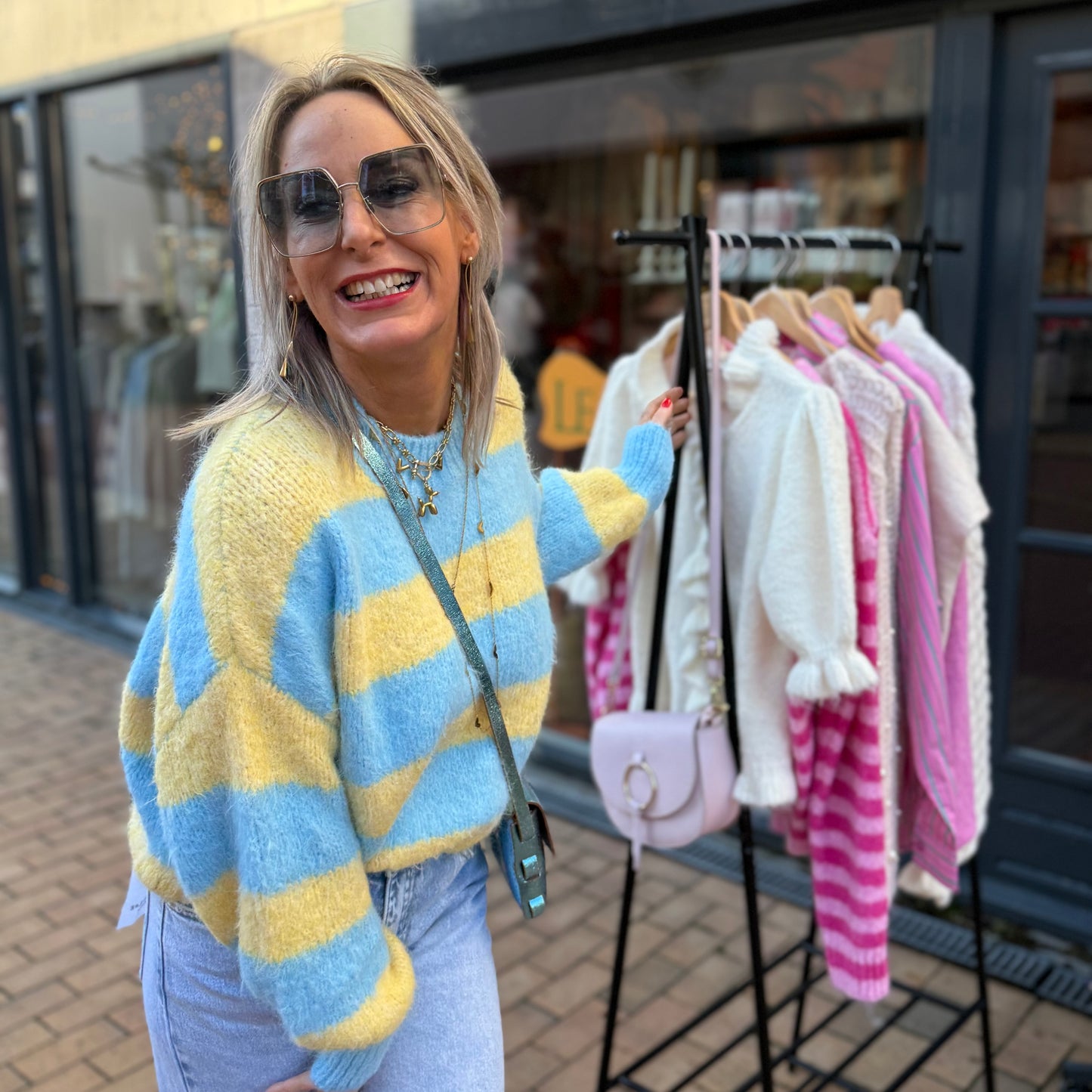 Gebreide Streep Trui - Blauw/Geel