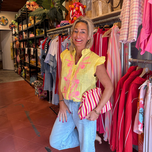 Blouse Borduursel - Geel/Roze