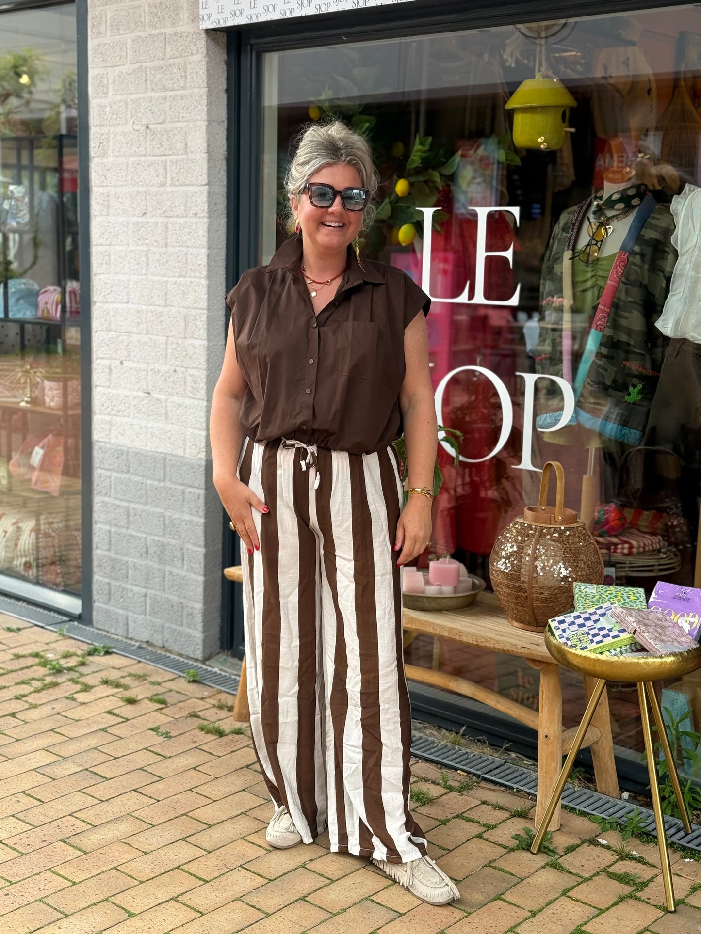 Pantalon Streep - Bruin/Crème