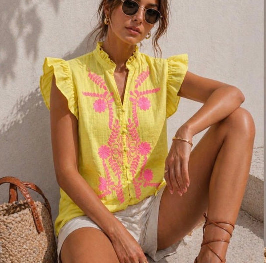 Blouse Borduursel - Geel/Roze
