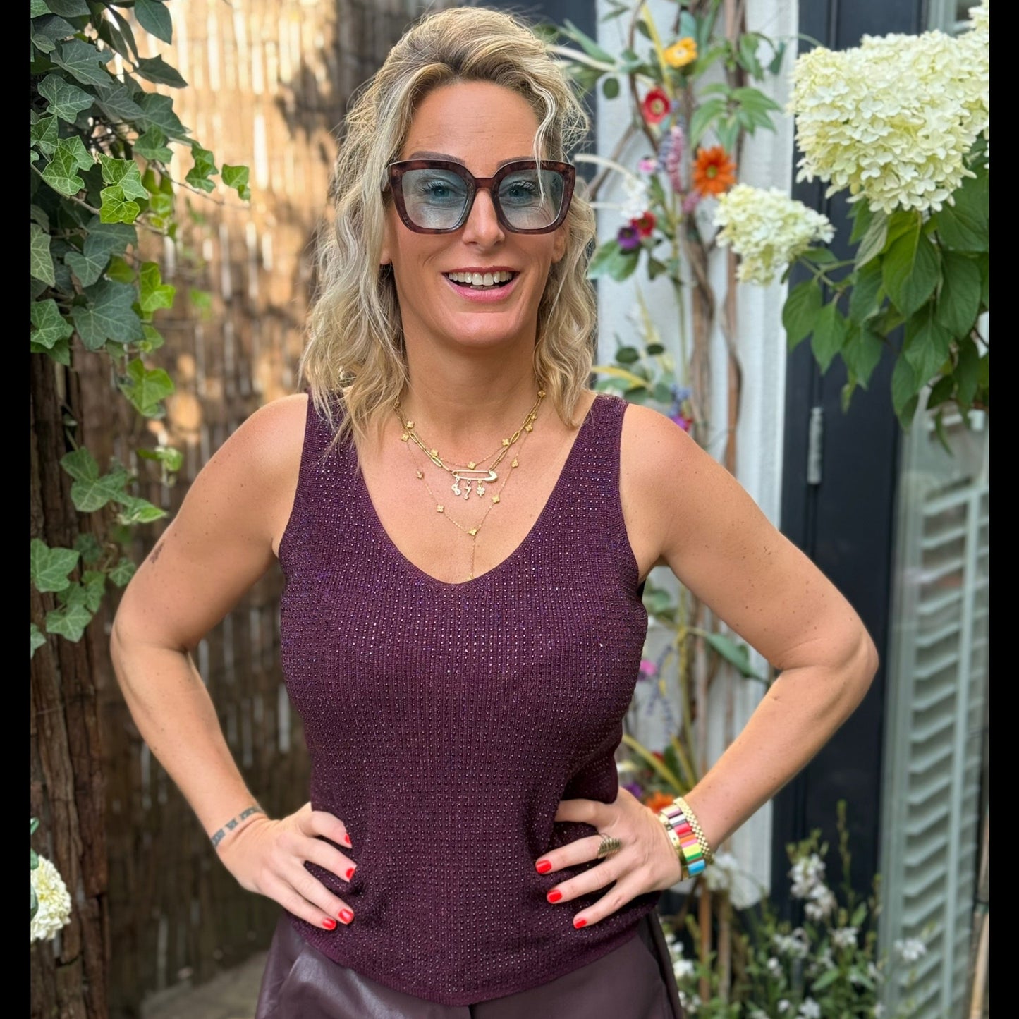 Top V-hals Glitter - Burgundy